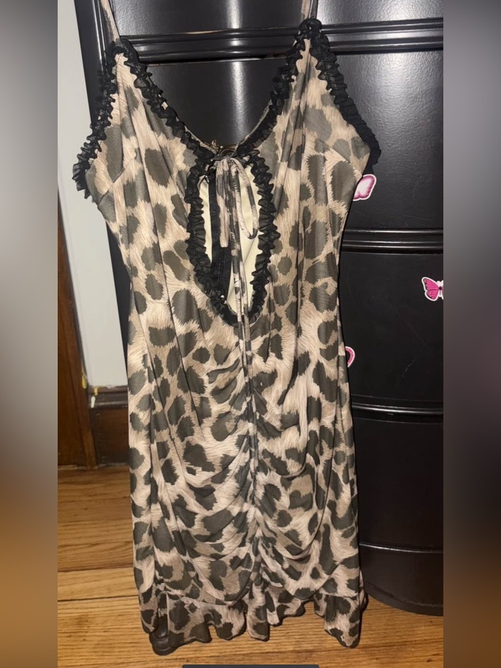 Fashion Nova Leopard-Print Chemise in Beige and Black with Ruffle Trim